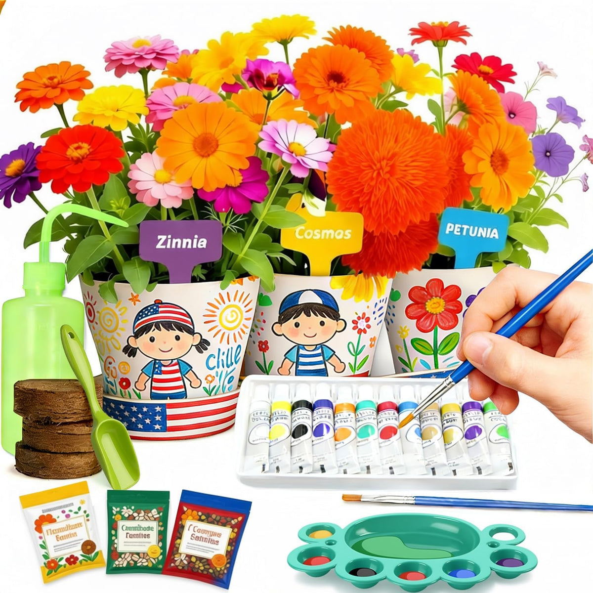Kidz Gardening Set -Real Metal Gardening Tools Kit for Childrenz Includes Sturdy Shovel,Rake,Fork,Trowel,Kidz Garden Kit with Sun Hat,Apron,Gloves,Tote Bag,Sprayer and Bucket,Outdoor Gardening Gifts