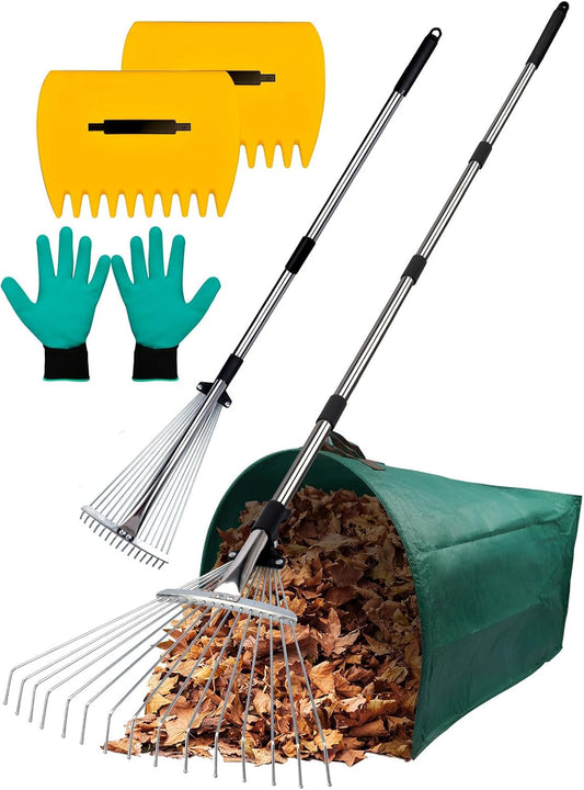 Adjustable Metal Leaf Rake Set Garden Rake for Leaves Long Handle 37"-63" Expandable Head Gardening Tools Set Includes 44 Gallon Bag & Scoop & Gloves Rakes for Lawns Heavy Duty for Yard Lawn Garden
