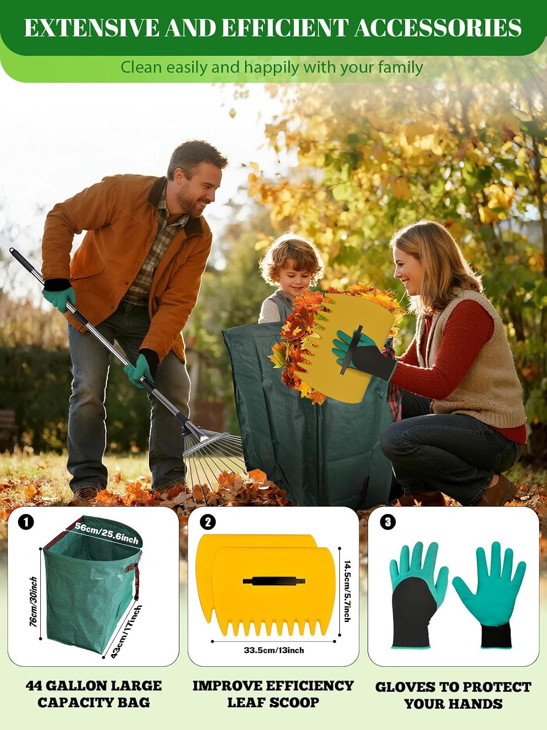 Adjustable Metal Leaf Rake Set Garden Rake for Leaves Long Handle 37"-63" Expandable Head Gardening Tools Set Includes 44 Gallon Bag & Scoop & Gloves Rakes for Lawns Heavy Duty for Yard Lawn Garden
