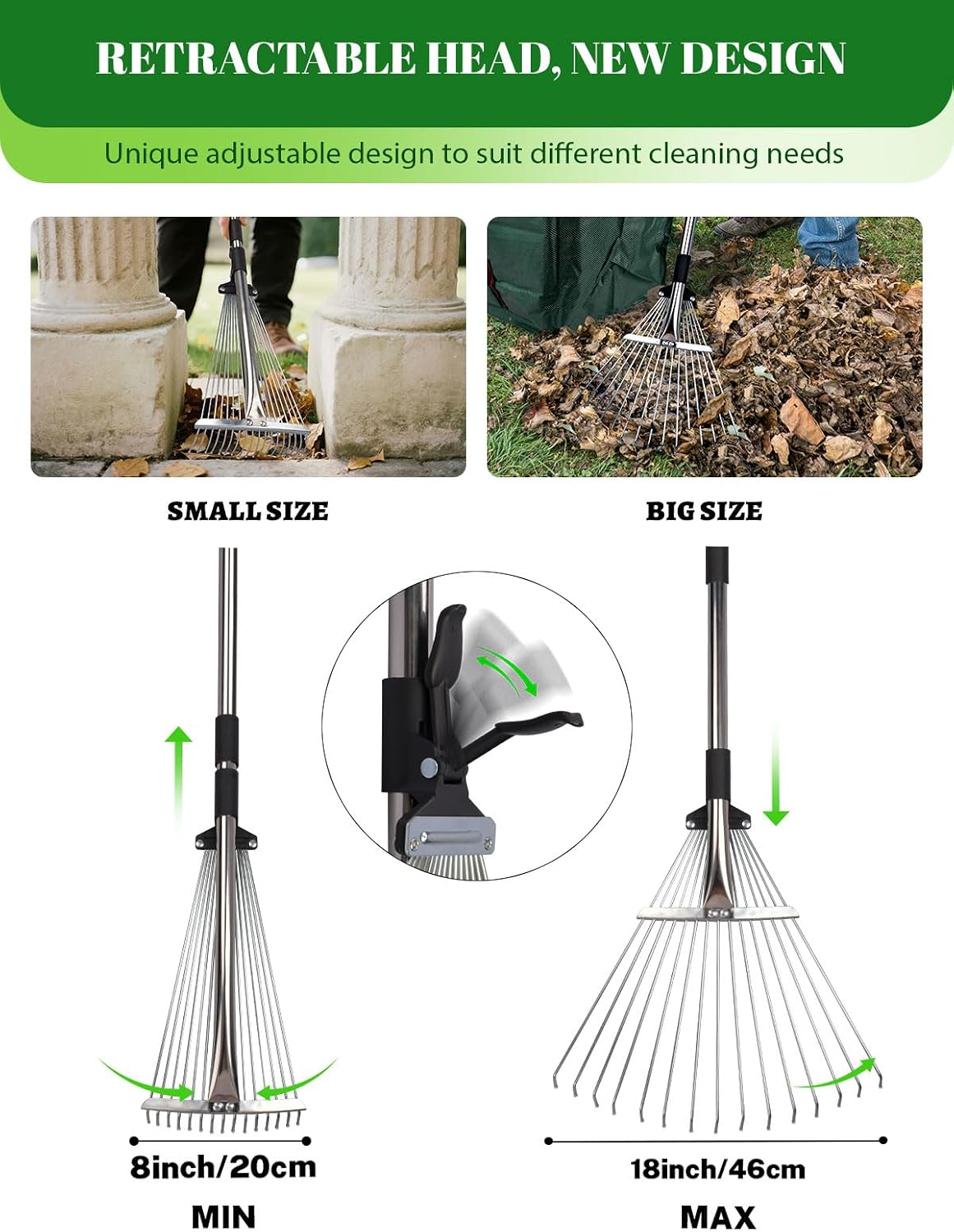 Adjustable Metal Leaf Rake Set Garden Rake for Leaves Long Handle 37"-63" Expandable Head Gardening Tools Set Includes 44 Gallon Bag & Scoop & Gloves Rakes for Lawns Heavy Duty for Yard Lawn Garden