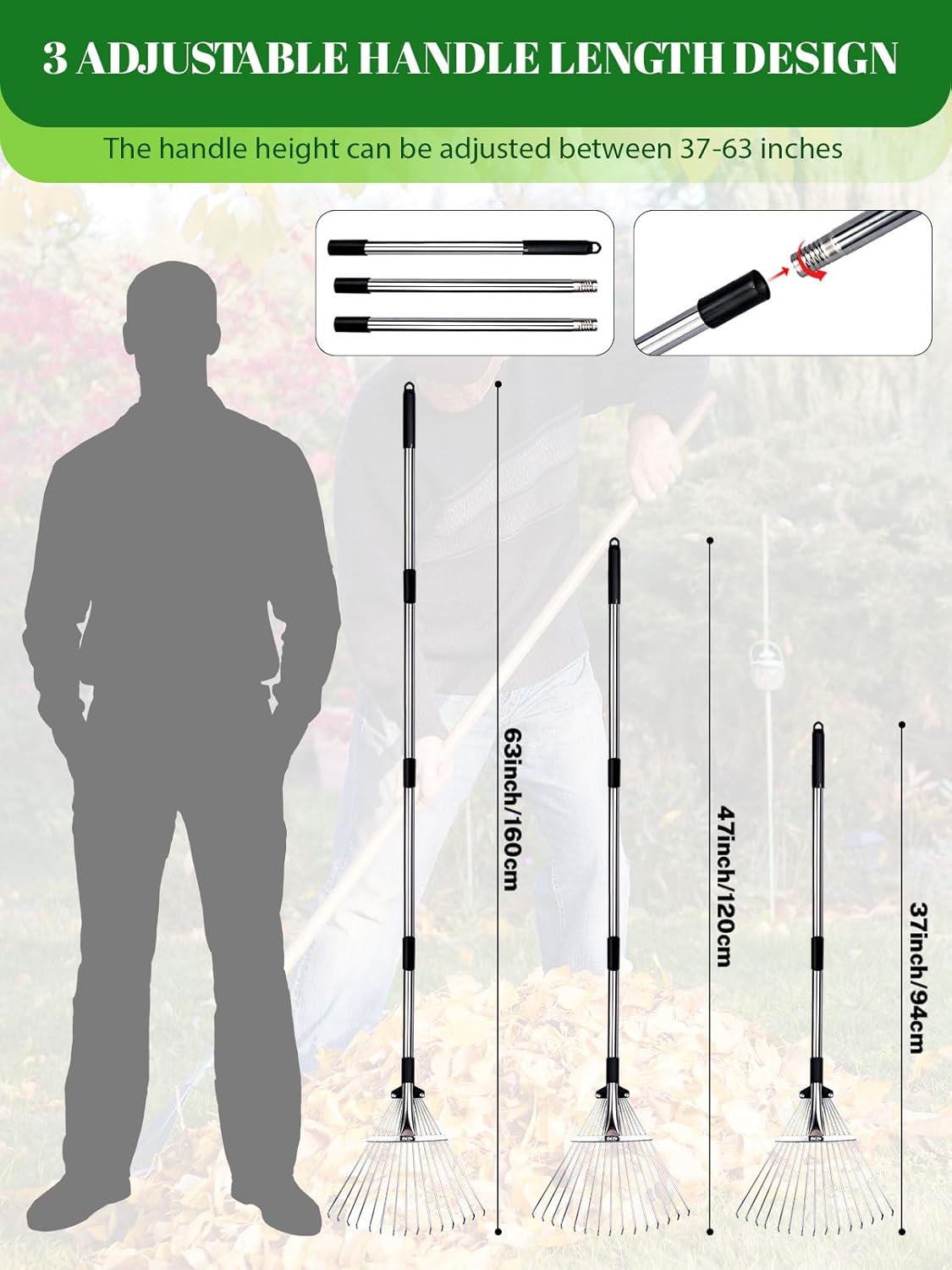 Adjustable Metal Leaf Rake Set Garden Rake for Leaves Long Handle 37"-63" Expandable Head Gardening Tools Set Includes 44 Gallon Bag & Scoop & Gloves Rakes for Lawns Heavy Duty for Yard Lawn Garden