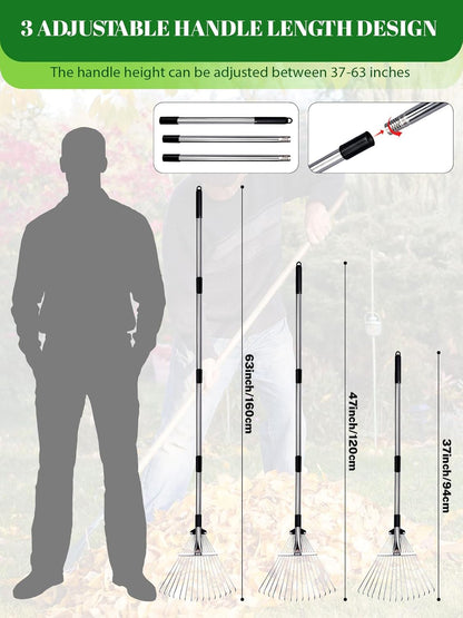 Adjustable Metal Leaf Rake Set Garden Rake for Leaves Long Handle 37"-63" Expandable Head Gardening Tools Set Includes 44 Gallon Bag & Scoop & Gloves Rakes for Lawns Heavy Duty for Yard Lawn Garden