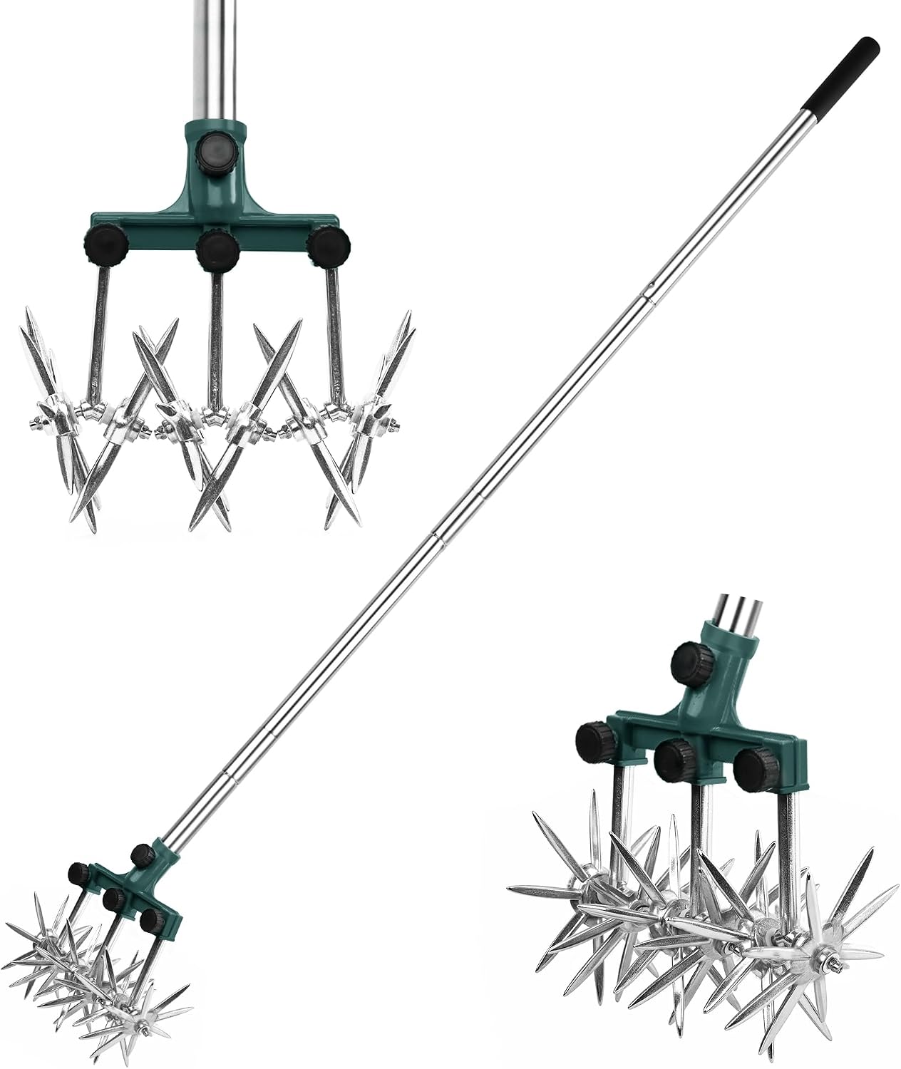 Rotary Cultivator Garden Rotary Tiller Adjustable Stainless Steel Poles Hand Tiller for Soil Mixing or Reseeding Grass Lawn Tiller Total Length 57 Inch