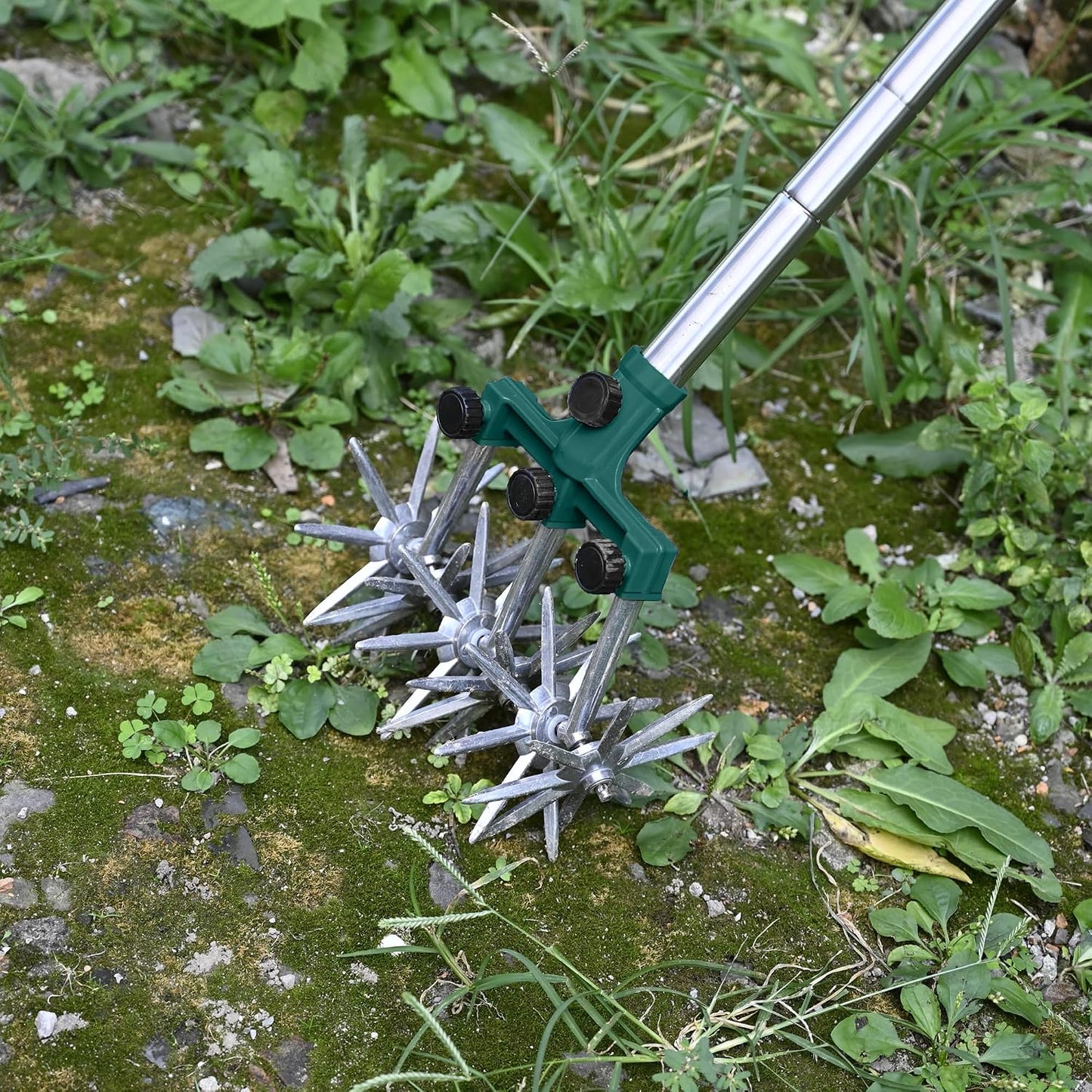 Rotary Cultivator Garden Rotary Tiller Adjustable Stainless Steel Poles Hand Tiller for Soil Mixing or Reseeding Grass Lawn Tiller Total Length 57 Inch