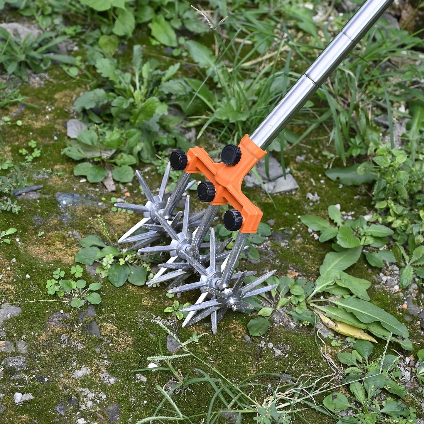 Rotary Cultivator Garden Rotary Tiller Adjustable Stainless Steel Poles Hand Tiller for Soil Mixing or Reseeding Grass Lawn Tiller Total Length 57 Inch