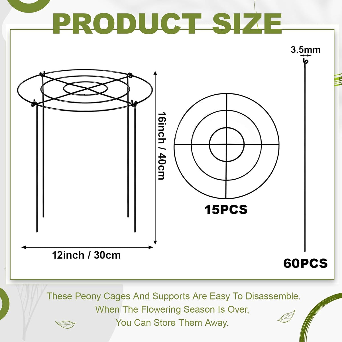 15 Pack Hydrangea Dahlia Peony Cages and Supports Grow Through Metal Plant Supports Frame Rings Hoops for Outdoor Hydrangea Dahlia Plants Tomato(Green,12 x16 Inch)