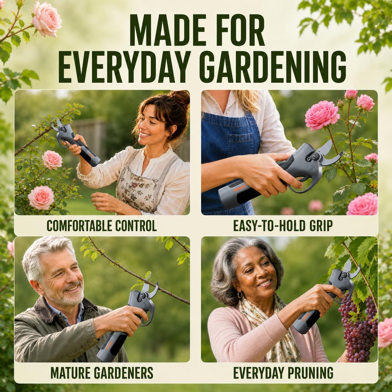 Lightweight Electric Pruning Shears for Tired Hands, Cordless Pruner for Women, Seniors & Smaller Hands, 4200mAh Battery (Dark Grey)