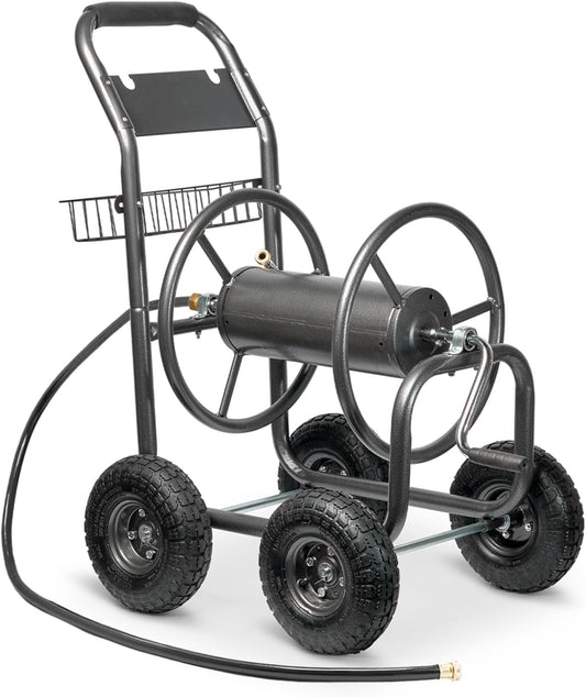 Garden Hose Reel Cart, Heavy Duty Water Planting Cart w/Non-slip Crank Handle, 4 Pneumatic Wheels, Outdoor Hose Reel Holds 300ft