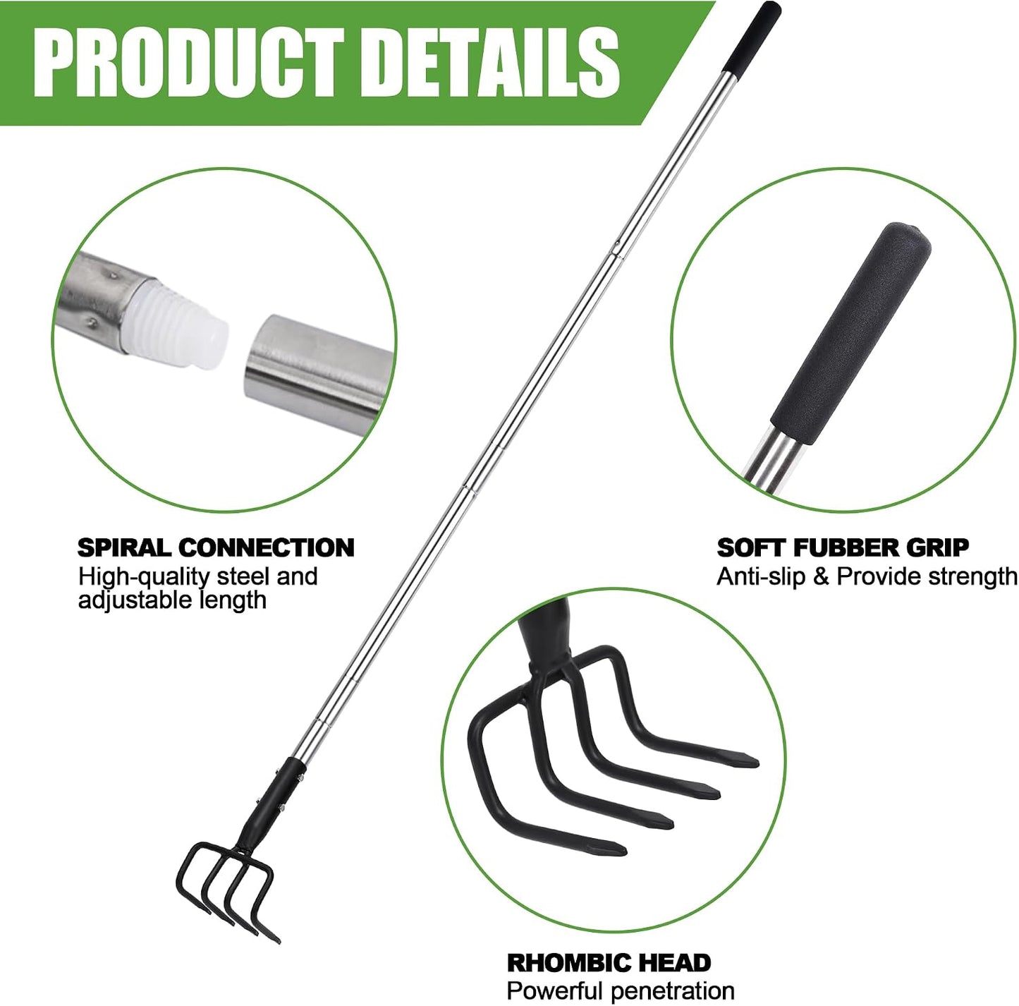 4-Tine Garden Hand Tiller Cultivator, 55" Adjustable Long Handle