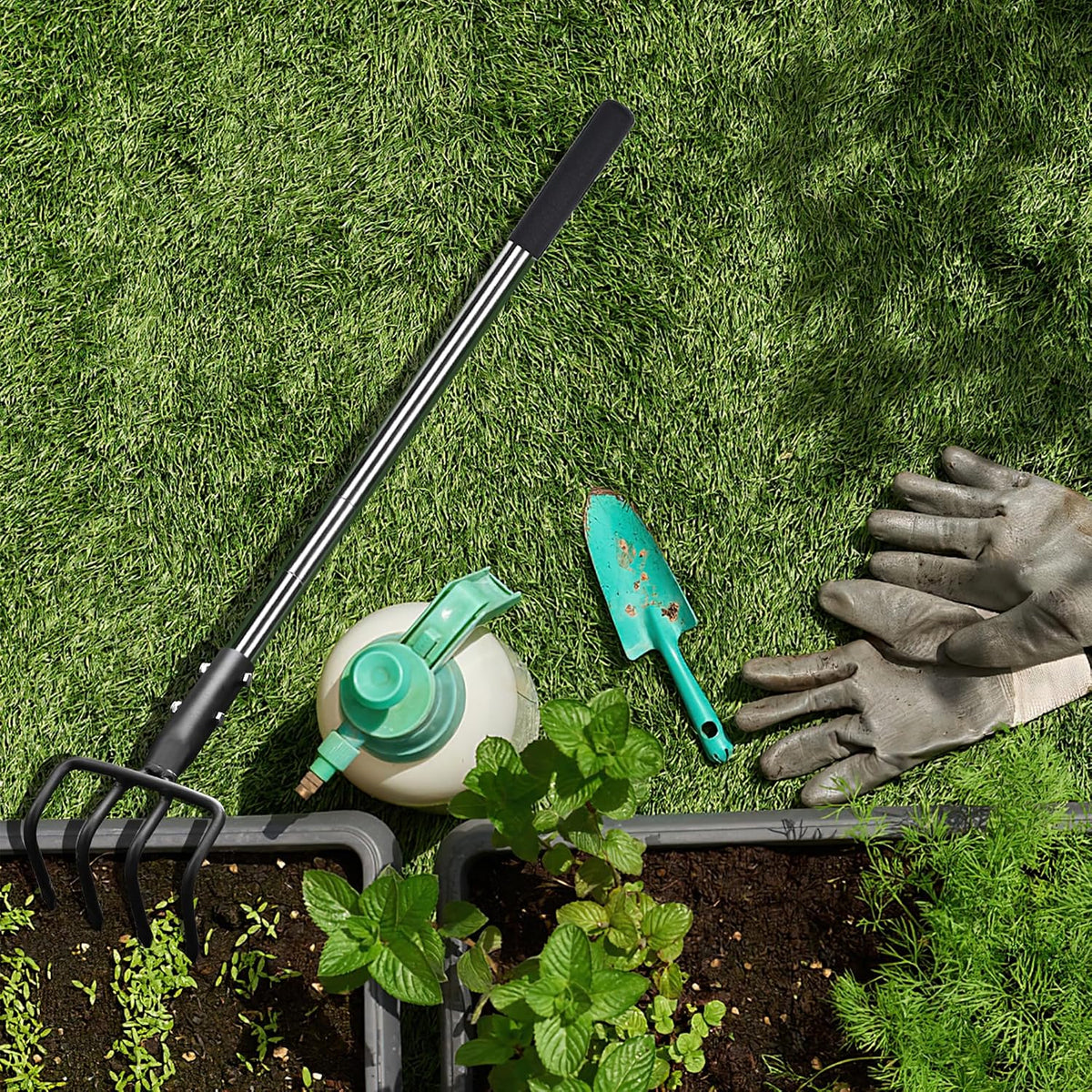 4-Tine Garden Hand Tiller Cultivator, 55" Adjustable Long Handle