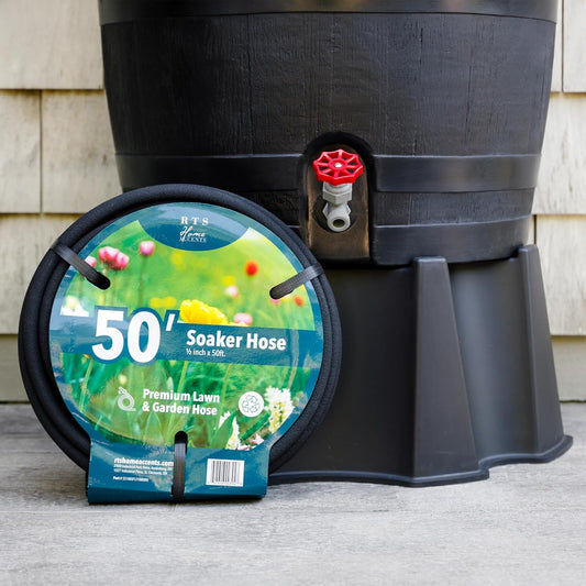 RTS Home Accents 50-Foot Soaker Hose – Flexible, Water-Saving Garden Hose with Built-In Pressure Regulator, Easy Connect Coupling, and Durable Porous Design for Deep Root Irrigation – Black