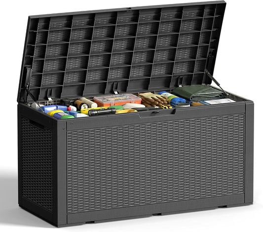 Outdoor Storage Box 100 Gallon Deck Box Resin Outdoor Toy Storage With Lockable Lid, Hydraulic Struts, Rattan Style Package Delivery Boxes for Outside Patio Yard Garden (Black)