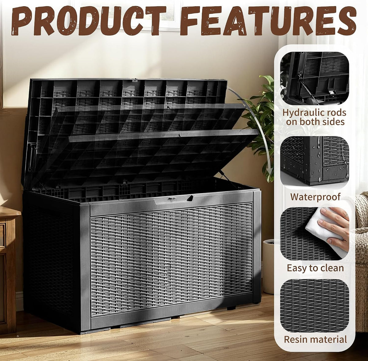Outdoor Storage Box 100 Gallon Deck Box Resin Outdoor Toy Storage With Lockable Lid, Hydraulic Struts, Rattan Style Package Delivery Boxes for Outside Patio Yard Garden (Black)
