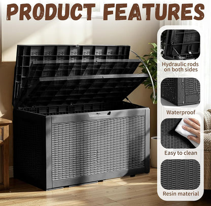 Outdoor Storage Box 100 Gallon Deck Box Resin Outdoor Toy Storage With Lockable Lid, Hydraulic Struts, Rattan Style Package Delivery Boxes for Outside Patio Yard Garden (Black)
