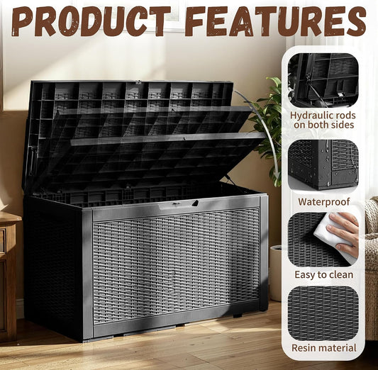 Outdoor Storage Box 100 Gallon Deck Box Resin Outdoor Toy Storage With Lockable Lid, Hydraulic Struts, Rattan Style Package Delivery Boxes for Outside Patio Yard Garden (Black)