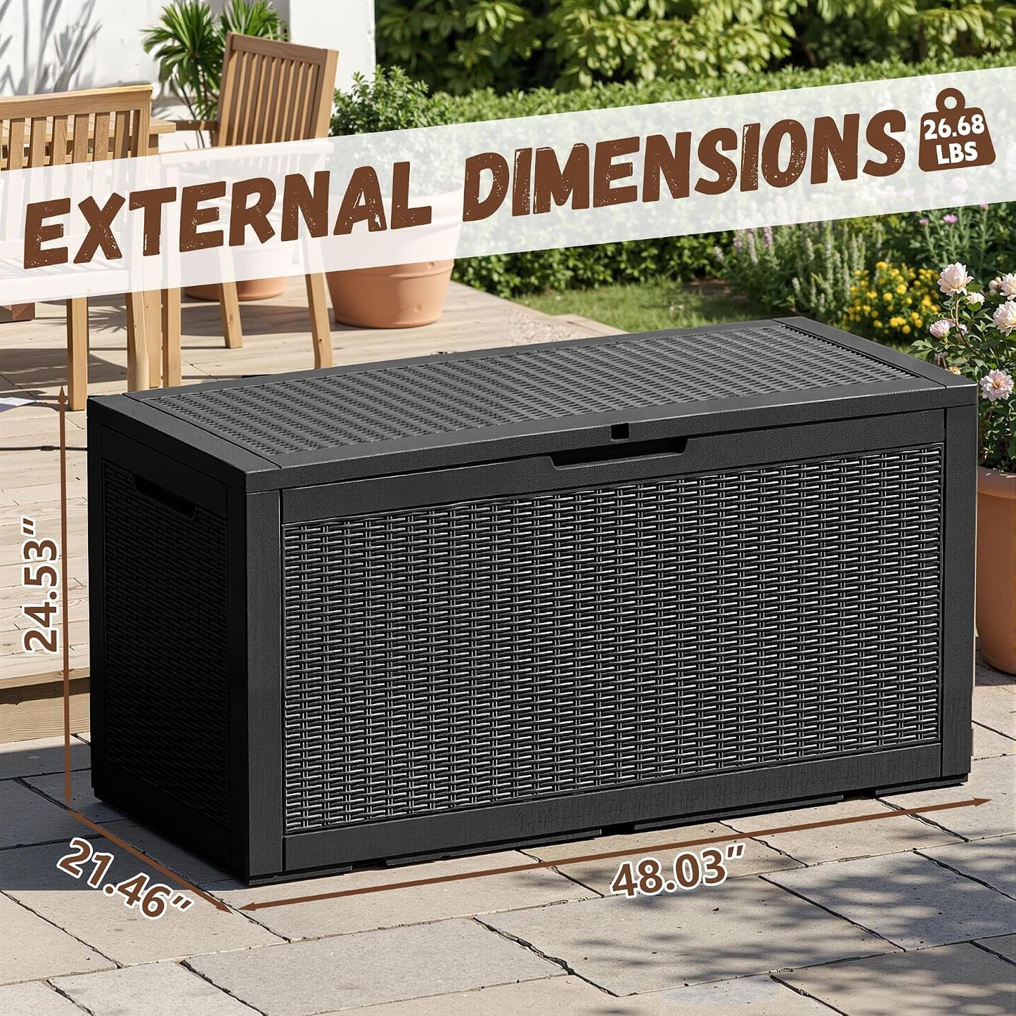 Outdoor Storage Box 100 Gallon Deck Box Resin Outdoor Toy Storage With Lockable Lid, Hydraulic Struts, Rattan Style Package Delivery Boxes for Outside Patio Yard Garden (Black)