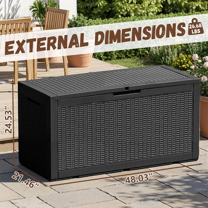 Outdoor Storage Box 100 Gallon Deck Box Resin Outdoor Toy Storage With Lockable Lid, Hydraulic Struts, Rattan Style Package Delivery Boxes for Outside Patio Yard Garden (Black)