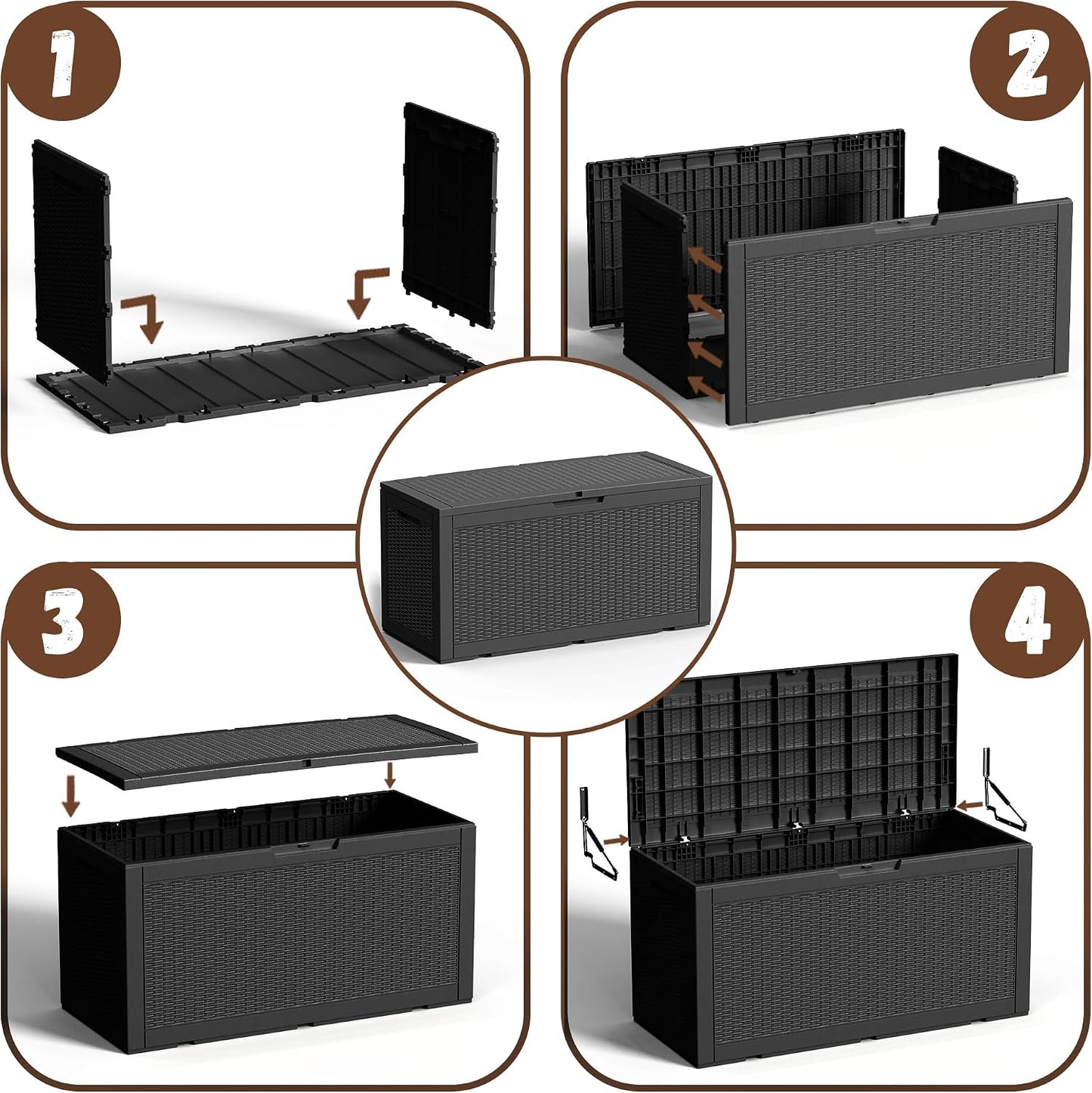 Outdoor Storage Box 100 Gallon Deck Box Resin Outdoor Toy Storage With Lockable Lid, Hydraulic Struts, Rattan Style Package Delivery Boxes for Outside Patio Yard Garden (Black)