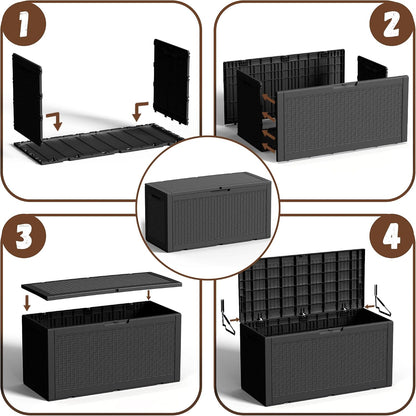 Outdoor Storage Box 100 Gallon Deck Box Resin Outdoor Toy Storage With Lockable Lid, Hydraulic Struts, Rattan Style Package Delivery Boxes for Outside Patio Yard Garden (Black)