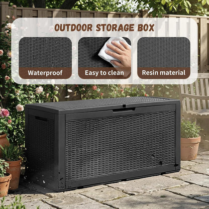 Outdoor Storage Box 100 Gallon Deck Box Resin Outdoor Toy Storage With Lockable Lid, Hydraulic Struts, Rattan Style Package Delivery Boxes for Outside Patio Yard Garden (Black)