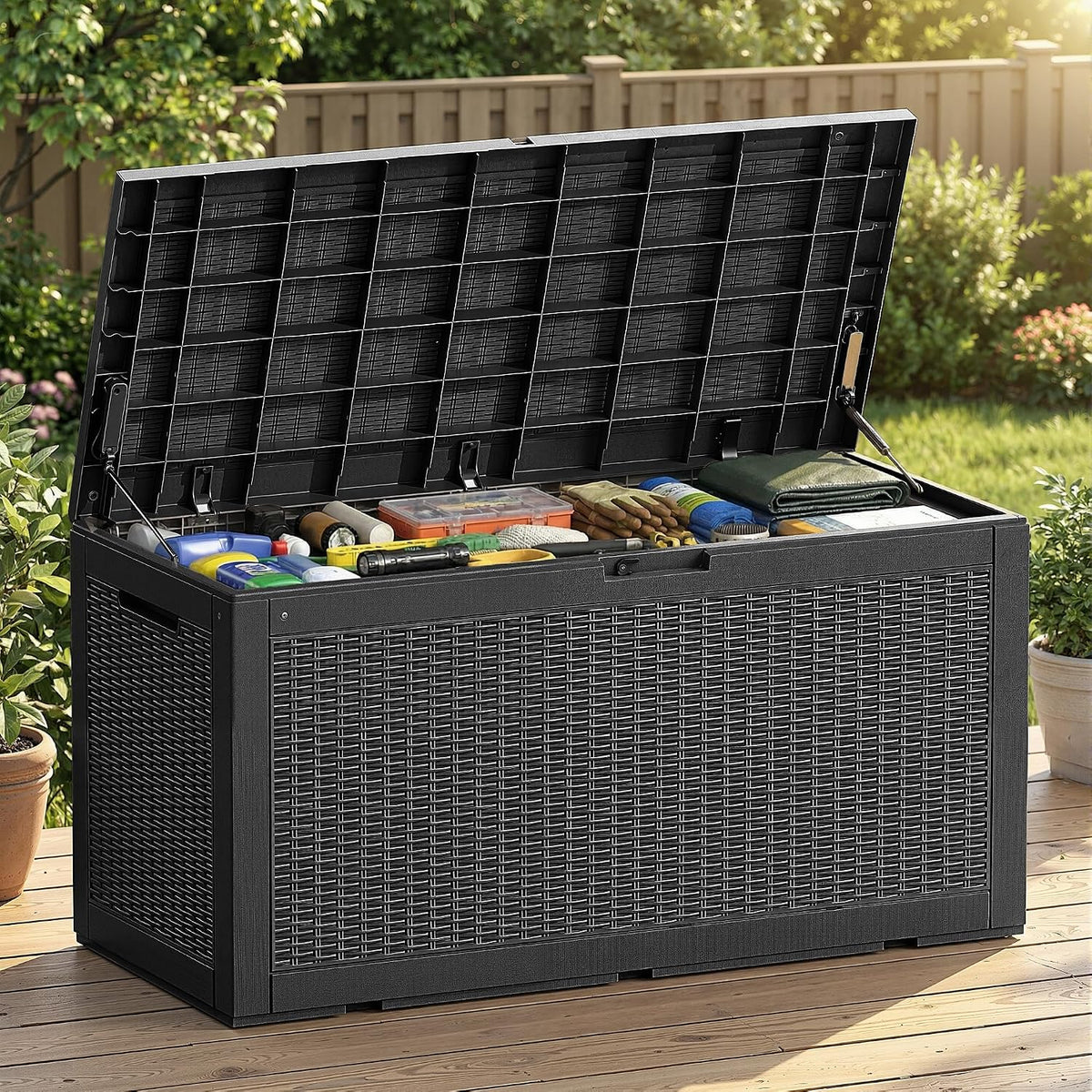Outdoor Storage Box 100 Gallon Deck Box Resin Outdoor Toy Storage With Lockable Lid, Hydraulic Struts, Rattan Style Package Delivery Boxes for Outside Patio Yard Garden (Black)