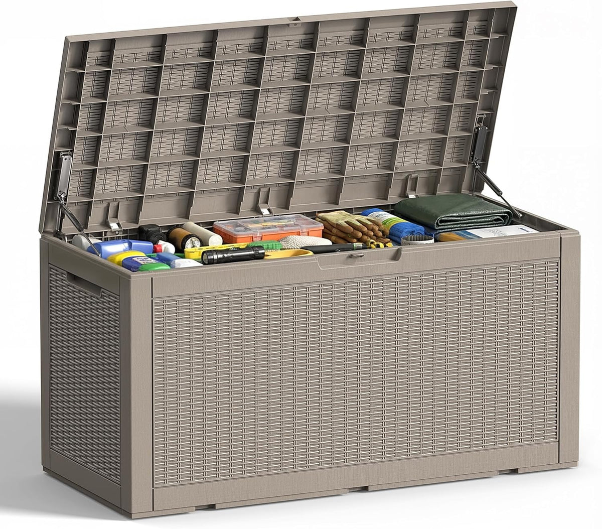 Outdoor Storage Box 100 Gallon Deck Box Resin Outdoor Toy Storage With Lockable Lid, Hydraulic Struts, Rattan Style Package Delivery Boxes for Outside Patio Yard Garden (Black)