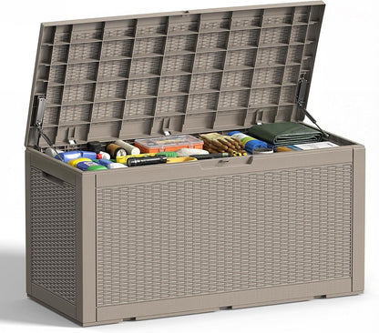 Outdoor Storage Box 100 Gallon Deck Box Resin Outdoor Toy Storage With Lockable Lid, Hydraulic Struts, Rattan Style Package Delivery Boxes for Outside Patio Yard Garden (Black)