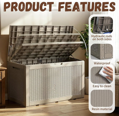 Outdoor Storage Box 100 Gallon Deck Box Resin Outdoor Toy Storage With Lockable Lid, Hydraulic Struts, Rattan Style Package Delivery Boxes for Outside Patio Yard Garden (Black)