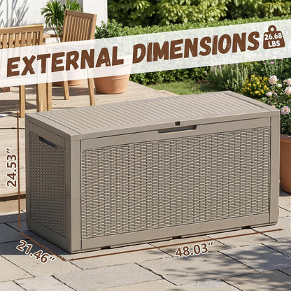 Outdoor Storage Box 100 Gallon Deck Box Resin Outdoor Toy Storage With Lockable Lid, Hydraulic Struts, Rattan Style Package Delivery Boxes for Outside Patio Yard Garden (Black)