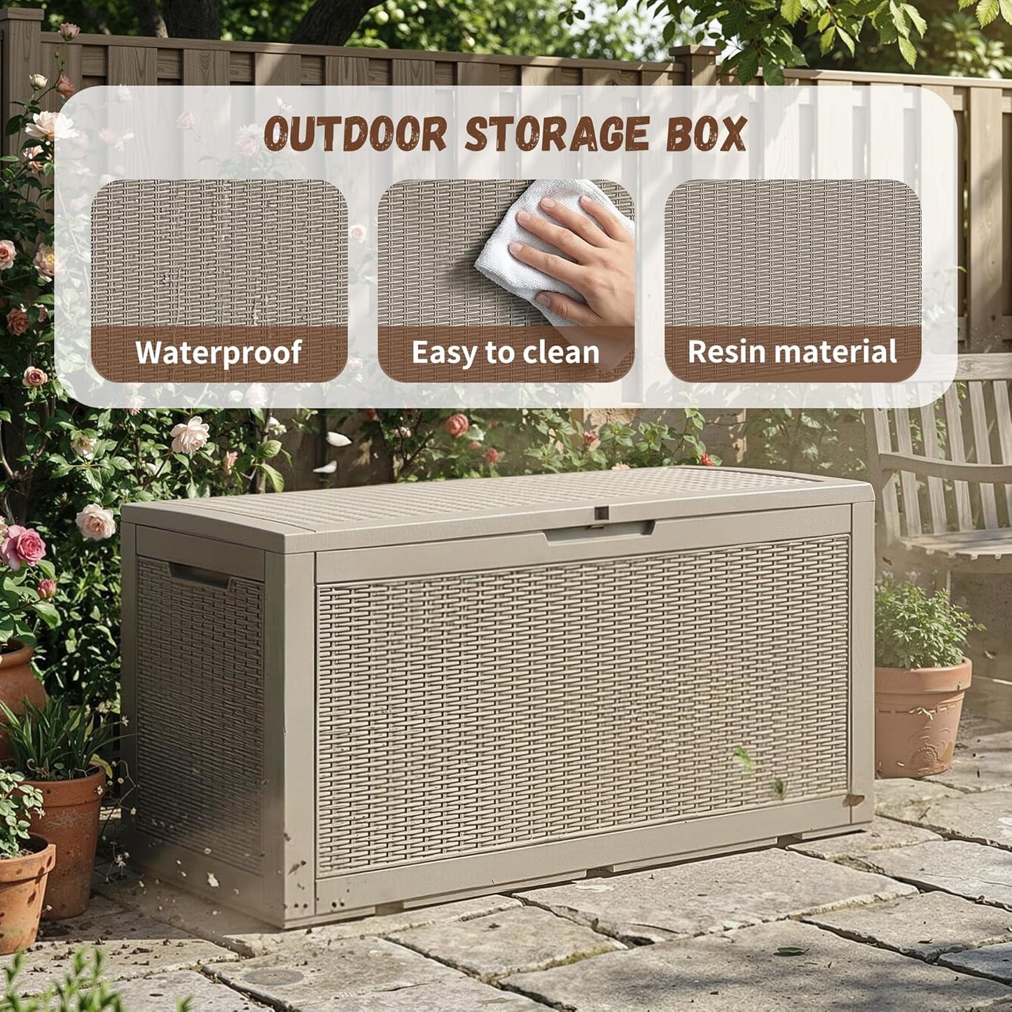 Outdoor Storage Box 100 Gallon Deck Box Resin Outdoor Toy Storage With Lockable Lid, Hydraulic Struts, Rattan Style Package Delivery Boxes for Outside Patio Yard Garden (Black)