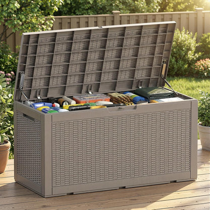 Outdoor Storage Box 100 Gallon Deck Box Resin Outdoor Toy Storage With Lockable Lid, Hydraulic Struts, Rattan Style Package Delivery Boxes for Outside Patio Yard Garden (Black)