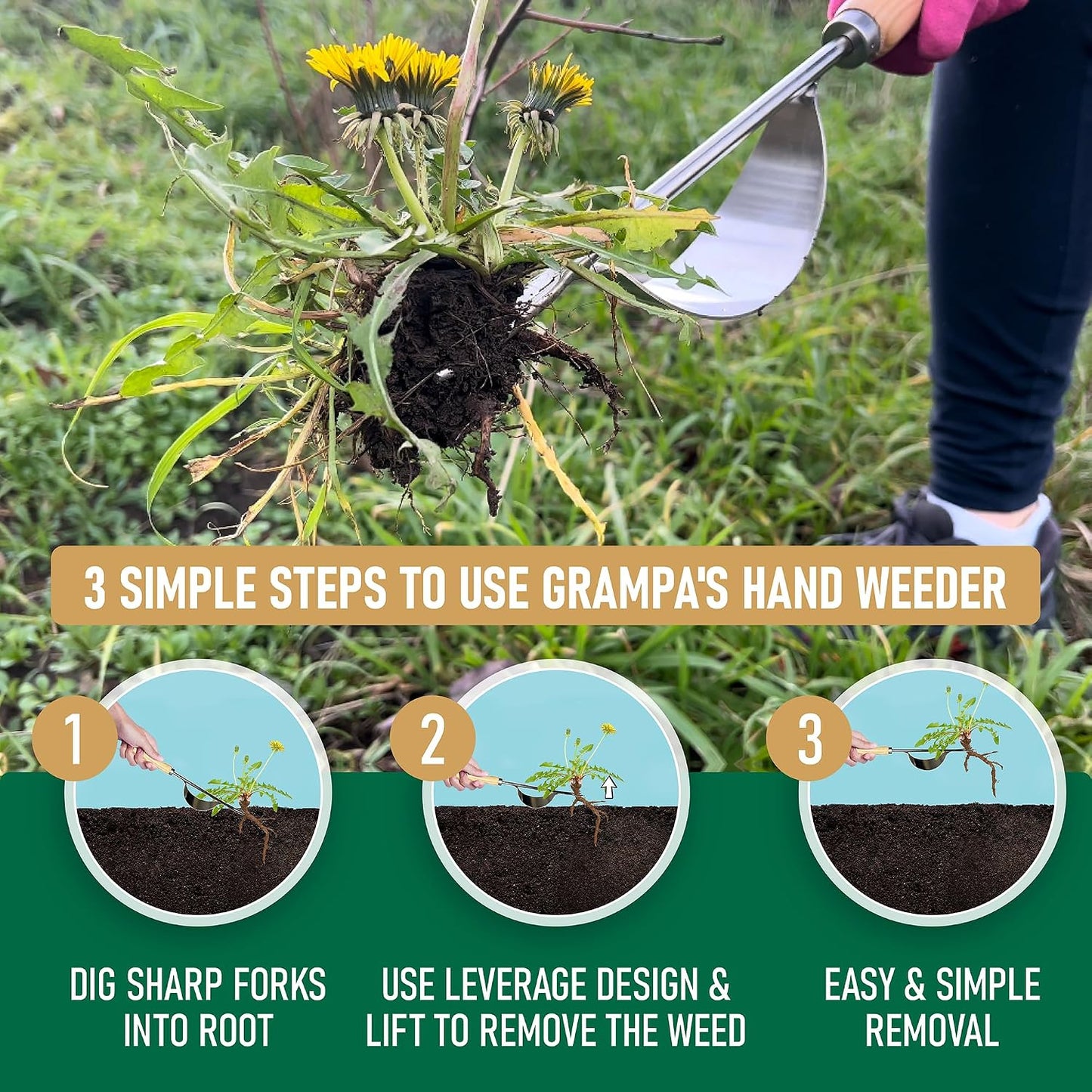 Grampa's Hand Weeder Tool with Lever Design for Easy Weed Removal