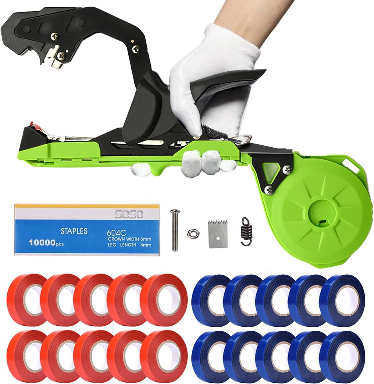 Plant Tying Machine, Lightweight Plant Tying Tape Tool to Tie Up Vine Quickly, Tie Tapener Gun with Tapes and Staples Green