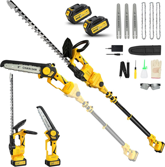 8" Pole Saw Cordless + 20" Pole Hedge Trimmer 4-in-1, Electric Mini Chainsaw/Hedge Trimmer with Extension Pole, 15Ft Max Reach for Tree Trimming and Shrubs Pruning, 2×3.0Ah Battery