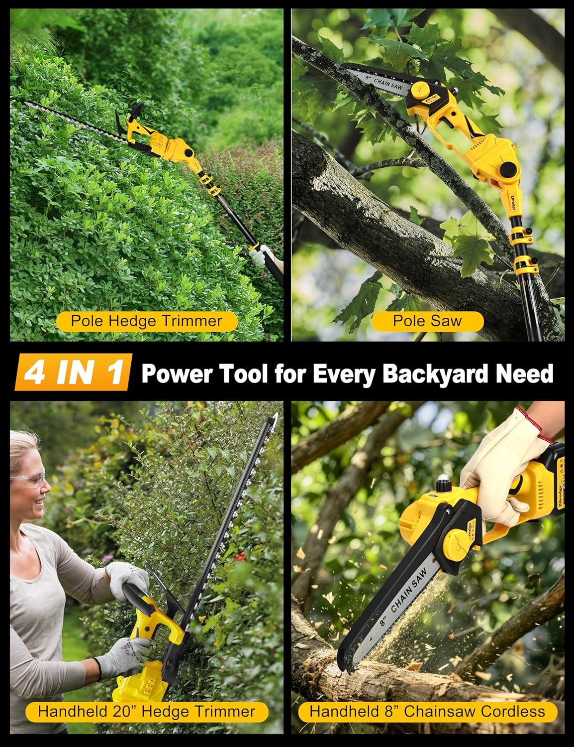 8" Pole Saw Cordless + 20" Pole Hedge Trimmer 4-in-1, Electric Mini Chainsaw/Hedge Trimmer with Extension Pole, 15Ft Max Reach for Tree Trimming and Shrubs Pruning, 2×3.0Ah Battery