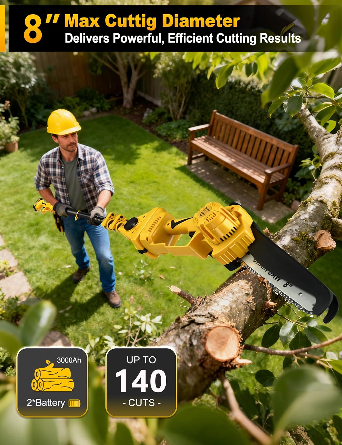 8" Pole Saw Cordless + 20" Pole Hedge Trimmer 4-in-1, Electric Mini Chainsaw/Hedge Trimmer with Extension Pole, 15Ft Max Reach for Tree Trimming and Shrubs Pruning, 2×3.0Ah Battery