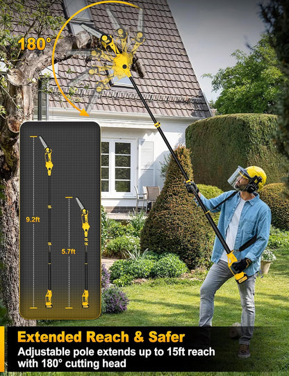 8" Pole Saw Cordless + 20" Pole Hedge Trimmer 4-in-1, Electric Mini Chainsaw/Hedge Trimmer with Extension Pole, 15Ft Max Reach for Tree Trimming and Shrubs Pruning, 2×3.0Ah Battery
