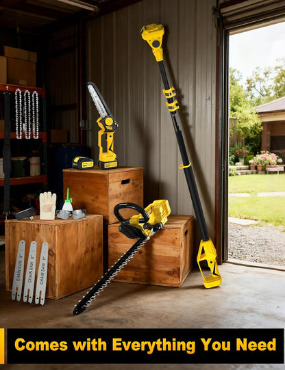 8" Pole Saw Cordless + 20" Pole Hedge Trimmer 4-in-1, Electric Mini Chainsaw/Hedge Trimmer with Extension Pole, 15Ft Max Reach for Tree Trimming and Shrubs Pruning, 2×3.0Ah Battery