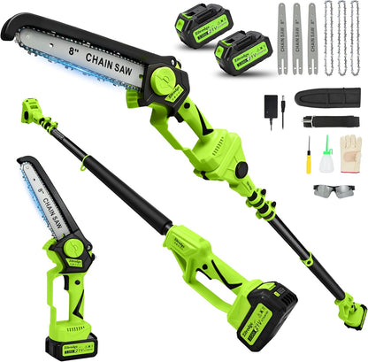 8" Pole Saw Cordless + 20" Pole Hedge Trimmer 4-in-1, Electric Mini Chainsaw/Hedge Trimmer with Extension Pole, 15Ft Max Reach for Tree Trimming and Shrubs Pruning, 2×3.0Ah Battery