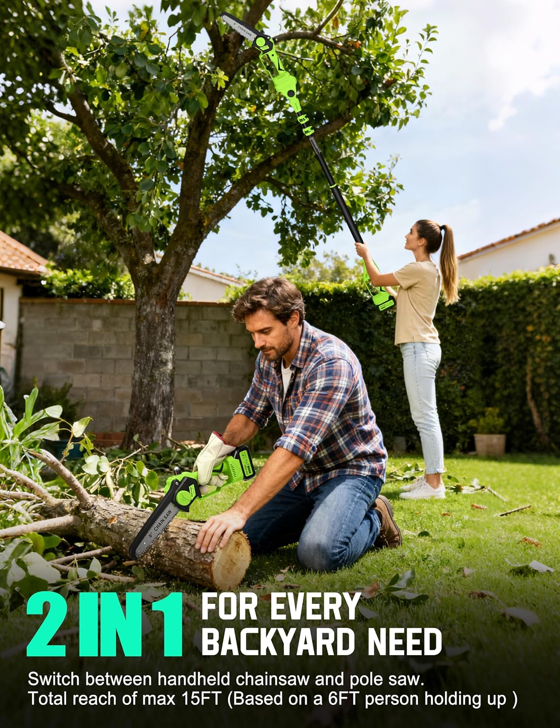 8" Pole Saw Cordless + 20" Pole Hedge Trimmer 4-in-1, Electric Mini Chainsaw/Hedge Trimmer with Extension Pole, 15Ft Max Reach for Tree Trimming and Shrubs Pruning, 2×3.0Ah Battery
