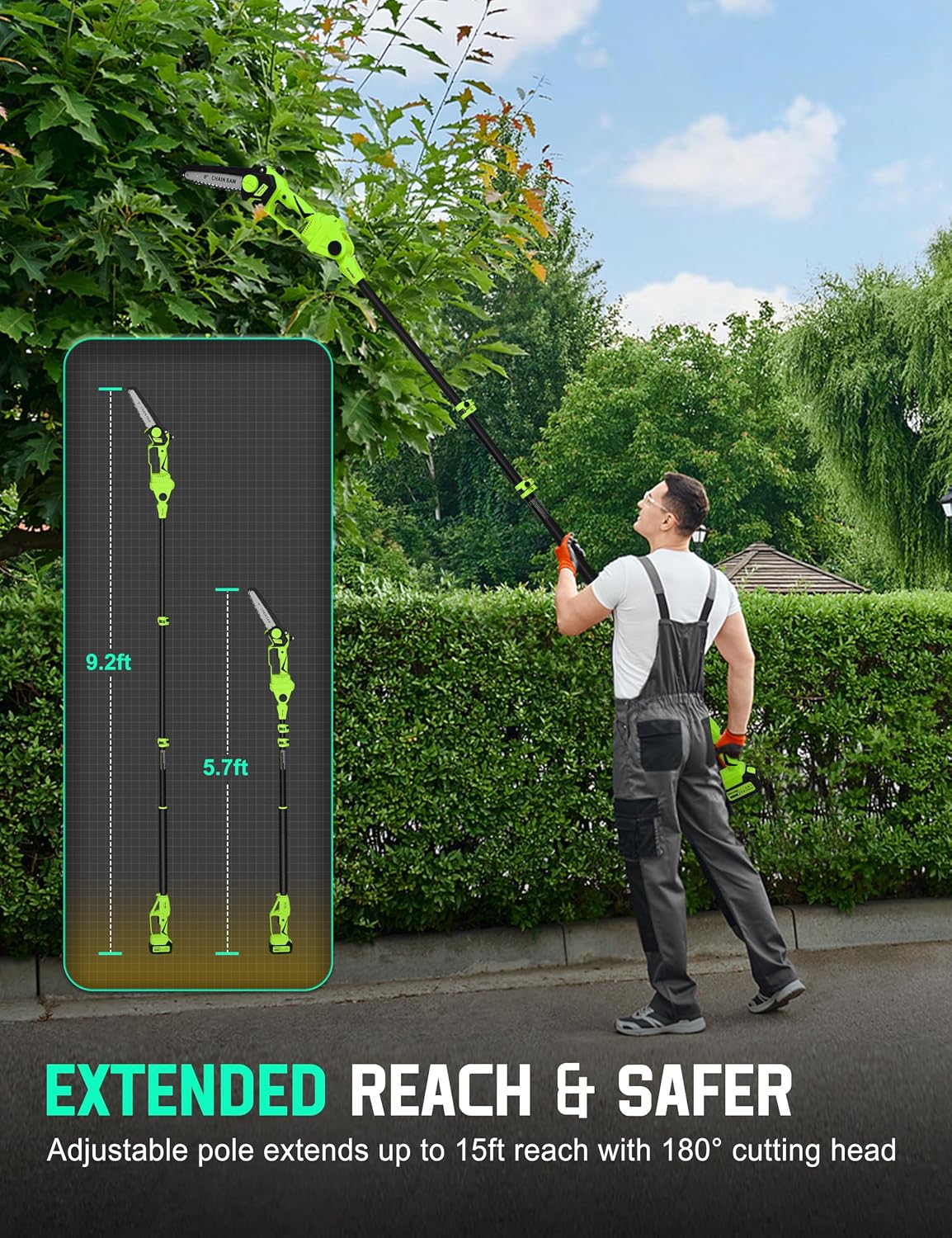 8" Pole Saw Cordless + 20" Pole Hedge Trimmer 4-in-1, Electric Mini Chainsaw/Hedge Trimmer with Extension Pole, 15Ft Max Reach for Tree Trimming and Shrubs Pruning, 2×3.0Ah Battery