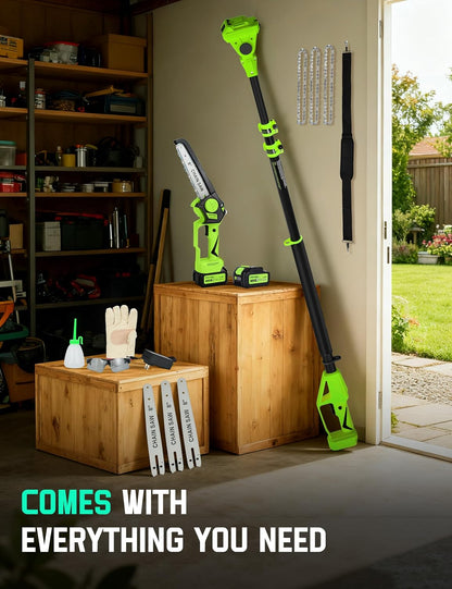 8" Pole Saw Cordless + 20" Pole Hedge Trimmer 4-in-1, Electric Mini Chainsaw/Hedge Trimmer with Extension Pole, 15Ft Max Reach for Tree Trimming and Shrubs Pruning, 2×3.0Ah Battery