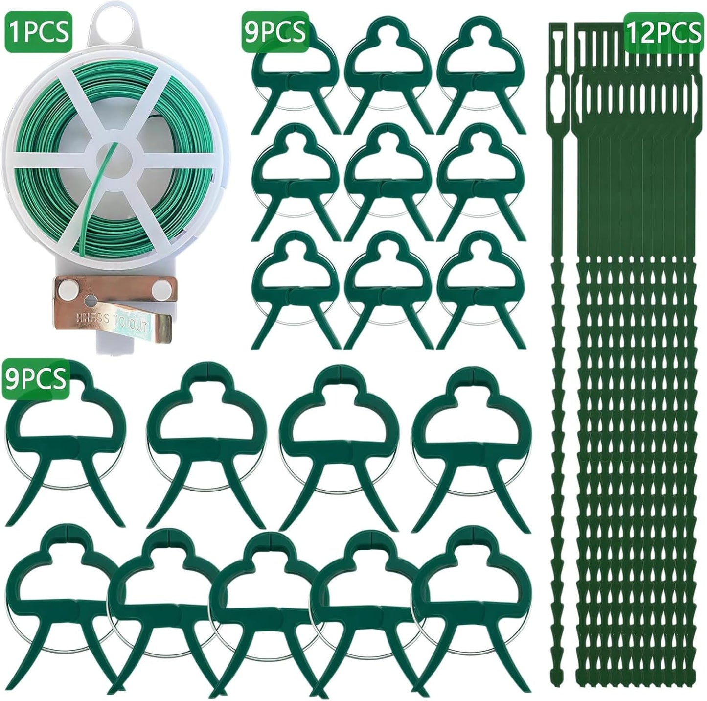 Plant Binding and Clip Set, Green, 31 Pieces, with Twist Ties, Support Clips and Plant Ties for Tomato, Grape Vines and Vegetable Plants