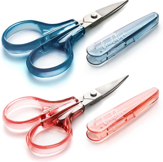 Detail Craft Scissors Set (2 pcs) Curved and Straight, Sharp, Compact | Sewing, Embroidery, Paper Cutting, Crafting | Stainless Steel | Protective Cover (Blue&Pink)