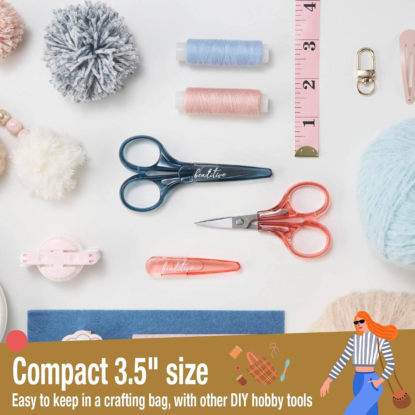 Detail Craft Scissors Set (2 pcs) Curved and Straight, Sharp, Compact | Sewing, Embroidery, Paper Cutting, Crafting | Stainless Steel | Protective Cover (Blue&Pink)