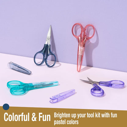 Detail Craft Scissors Set (2 pcs) Curved and Straight, Sharp, Compact | Sewing, Embroidery, Paper Cutting, Crafting | Stainless Steel | Protective Cover (Blue&Pink)