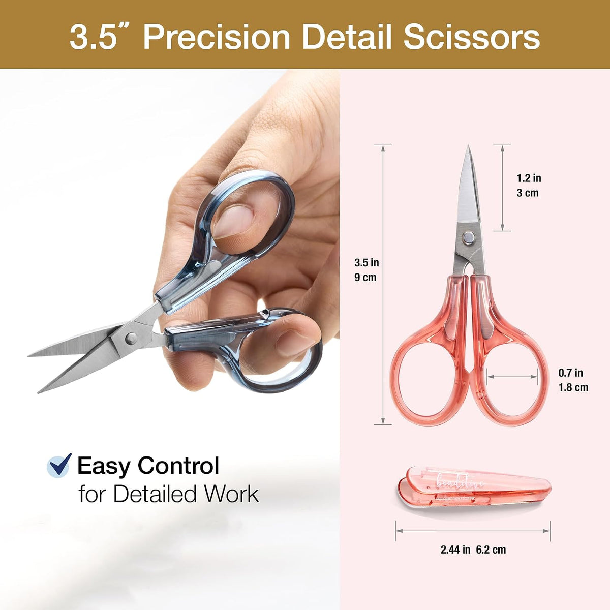 Detail Craft Scissors Set (2 pcs) Curved and Straight, Sharp, Compact | Sewing, Embroidery, Paper Cutting, Crafting | Stainless Steel | Protective Cover (Blue&Pink)