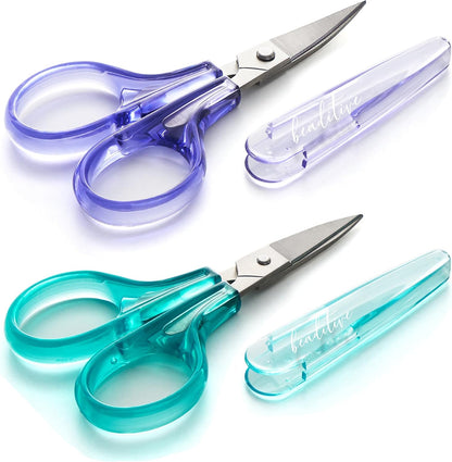 Detail Craft Scissors Set (2 pcs) Curved and Straight, Sharp, Compact | Sewing, Embroidery, Paper Cutting, Crafting | Stainless Steel | Protective Cover (Blue&Pink)