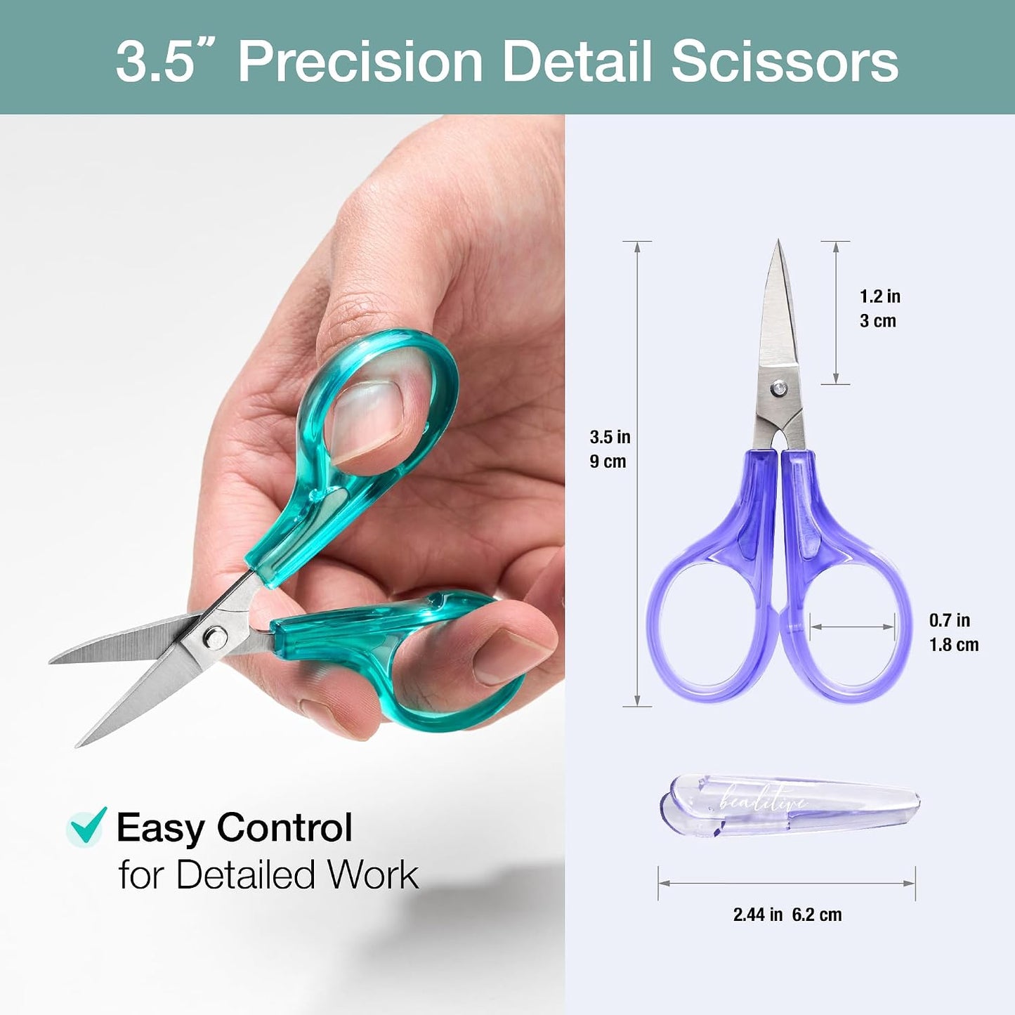 Detail Craft Scissors Set (2 pcs) Curved and Straight, Sharp, Compact | Sewing, Embroidery, Paper Cutting, Crafting | Stainless Steel | Protective Cover (Blue&Pink)