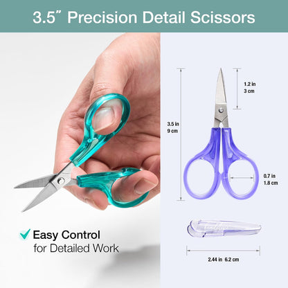 Detail Craft Scissors Set (2 pcs) Curved and Straight, Sharp, Compact | Sewing, Embroidery, Paper Cutting, Crafting | Stainless Steel | Protective Cover (Blue&Pink)